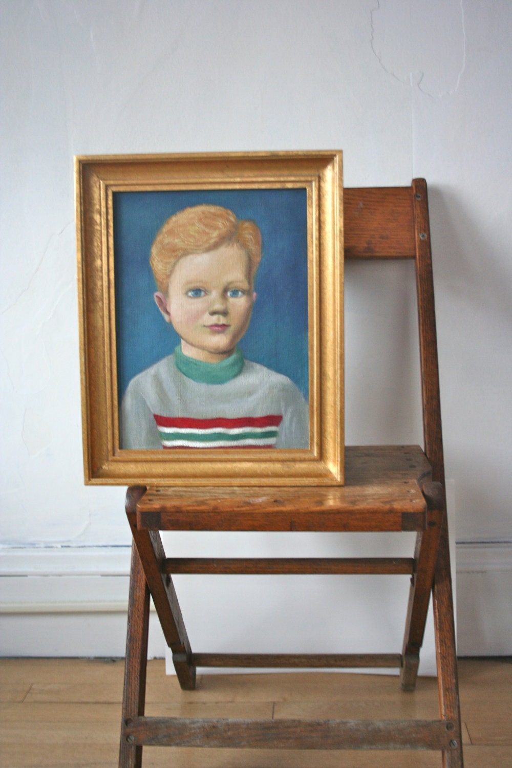 Vintage Oil Painting: Young Blonde Boy School Portrait