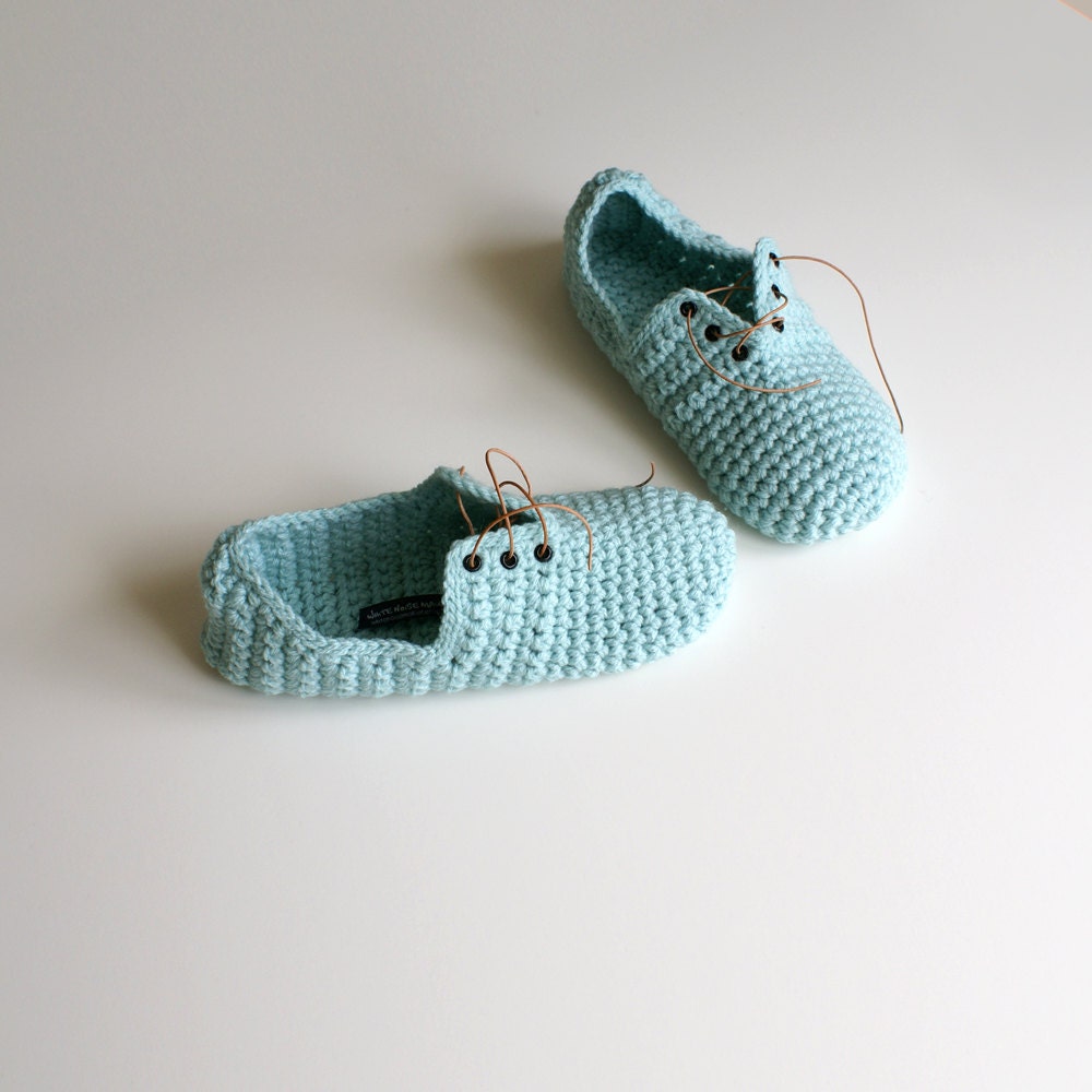 Crochet Slippers - Unisex Lace up style slippers in Misty Jade - WhiteNoiseMaker