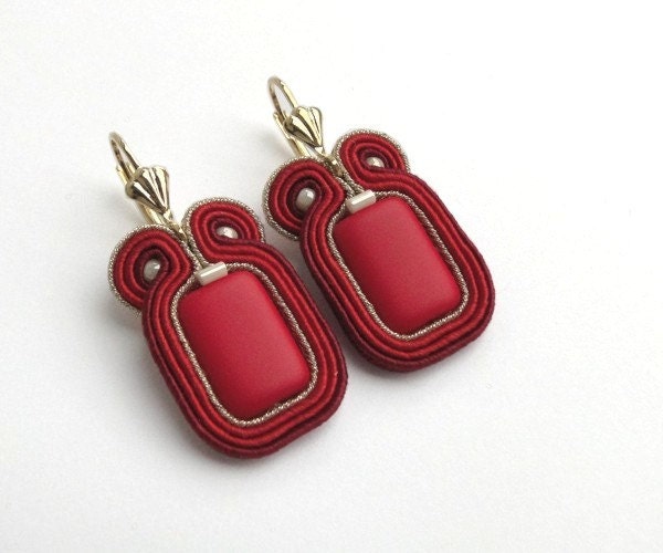 Deep red gold earrings big statement earrings hand embroidered soutache earrings
