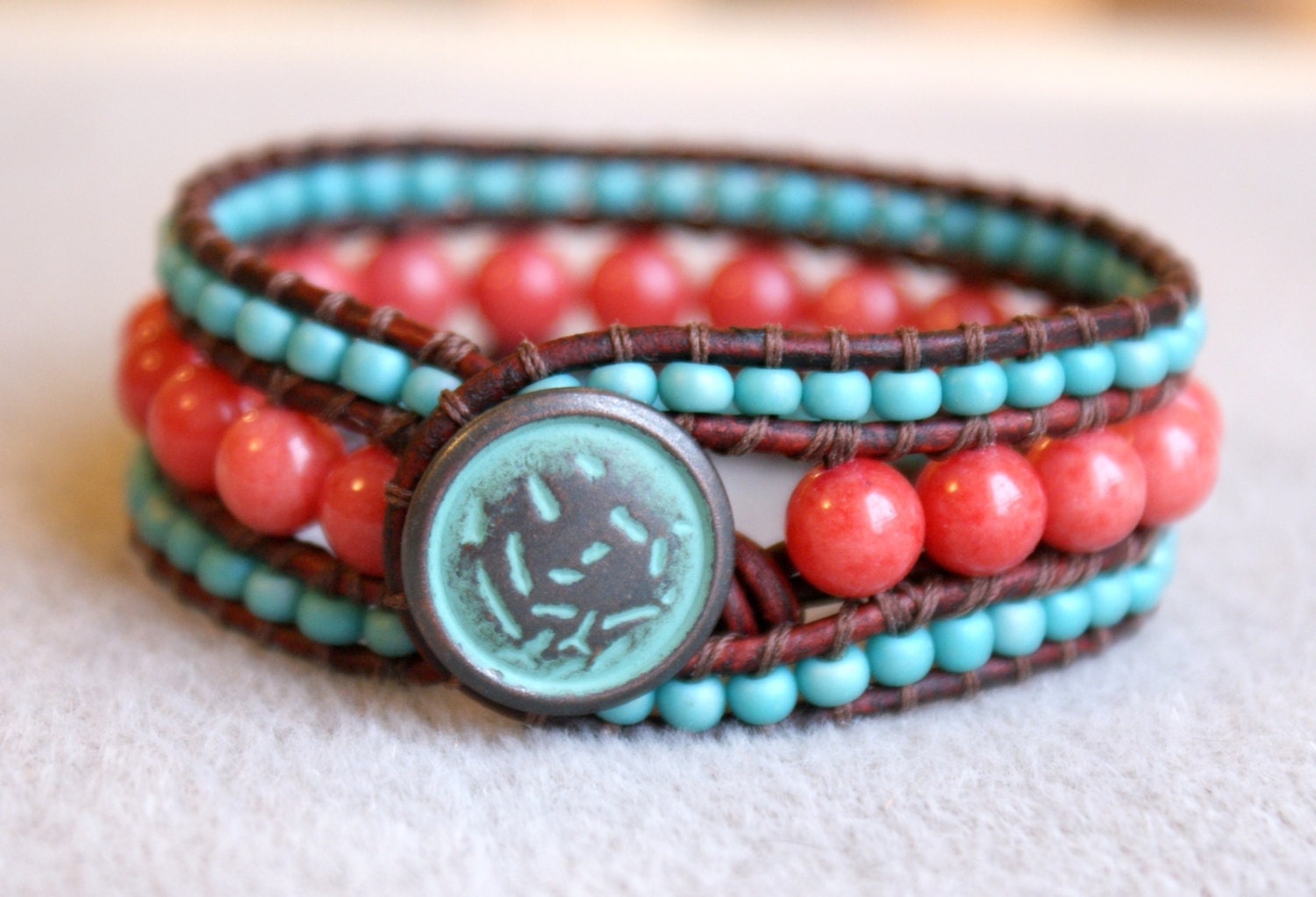 Coral Jade Bohemian leather wrap bracelet, leather cuff, coral, pink, red, turquoise, trendy jewelry
