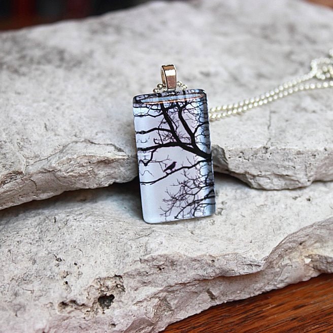Glass Photo Pendant Necklace Crow in Tree Silhouette