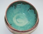 Pair of Handmade, Wheel Thrown Nesting Bowls in Turquoise and Tan with Leaf Impressions