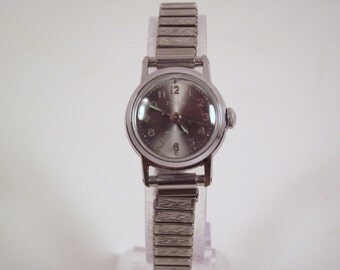 Vintage 1960s Water Proof Marlin Timex Wind Up Retro Style Ladies Women's Watch in Silver with Silver Expansion Band Sweep Second Hand