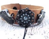 Leather Belt Cuff with Angel Wings and Pearl Button Bracelet/ Hand Tooled Tan Leather/ Bohemian Modern Chic