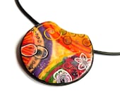 Vibrant statement necklace - multicolored polymer clay pendant - orange yellow purple red  with flowers - OOAK - Chifonie
