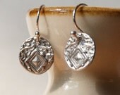 ON SALE Antique Button Pure Silver Earrings, Diamond and Vines