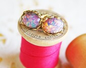 Vintage Pink Opal Oval Earrings-  Large Glass Opal and Gold Ear Posts