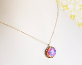 Vintage Pink Fire Opal Glass Pendant Necklace- Gold Filled