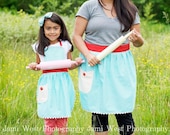 Mother /Daughter Apron Set, Aqua Circles Retro Apron Set, Organic Cotton