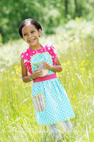 Girls Full Apron, Vintage Blue, Retro Robin Polka Dots & Rainbow Stripes, Kids sizes 5-6, 7-8, 9-10 years ,Teen Apron
