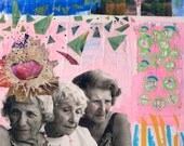 PITTSBURGH collage mixed media painting, acrylic painting, sisters, house, abstract landscape, SISTERS, three women, portrait painting