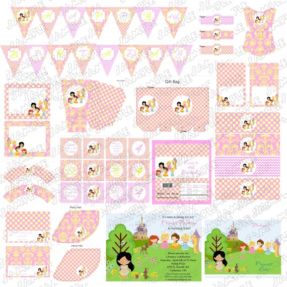 Premium Princess Party pink and yellow printable designs ... complete party package.. diy by delightfulprints Il_570xn