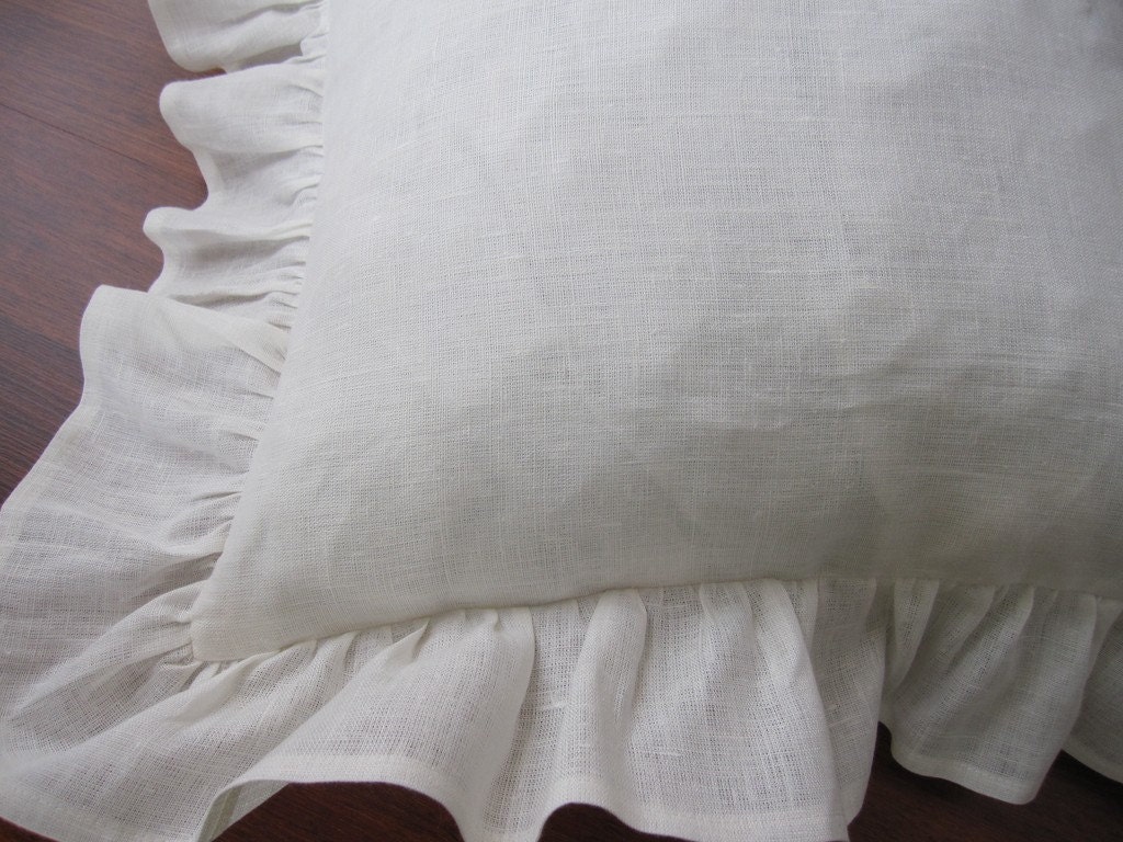 Off White - Ivory linen ruffled pillow SHAM - 20 inch set of 2 - ruffled shabby chic decorative pillow
