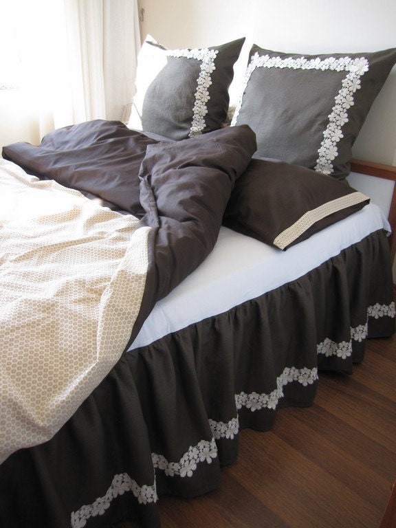 Brown beige cream Bedding Queen size Duvet cover shabby chic  pillow cases 3 pcs