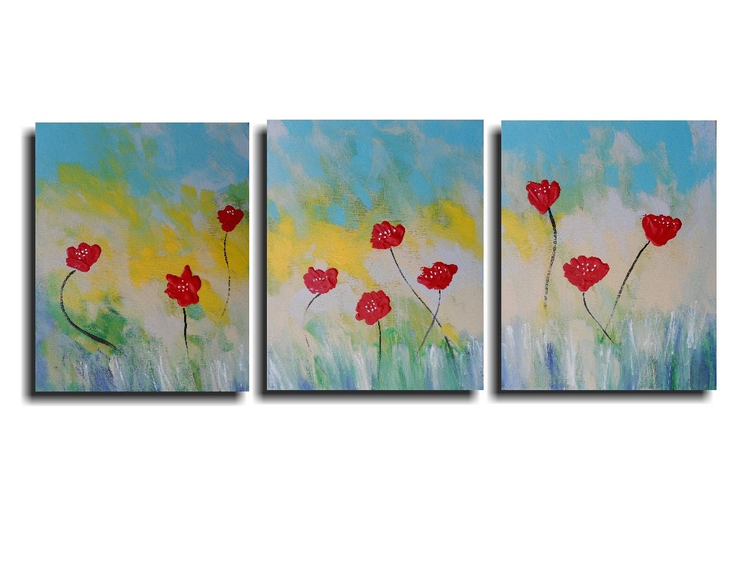 Poppies Triptych Flower painting Red poppies Floral Pallet Knife Abstract  Modern art - I remember Springs Series No. 4  - by Skye Taylor