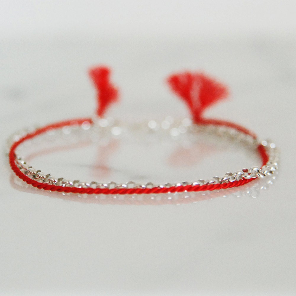 Silk cord and chain bracelet in sterling silver