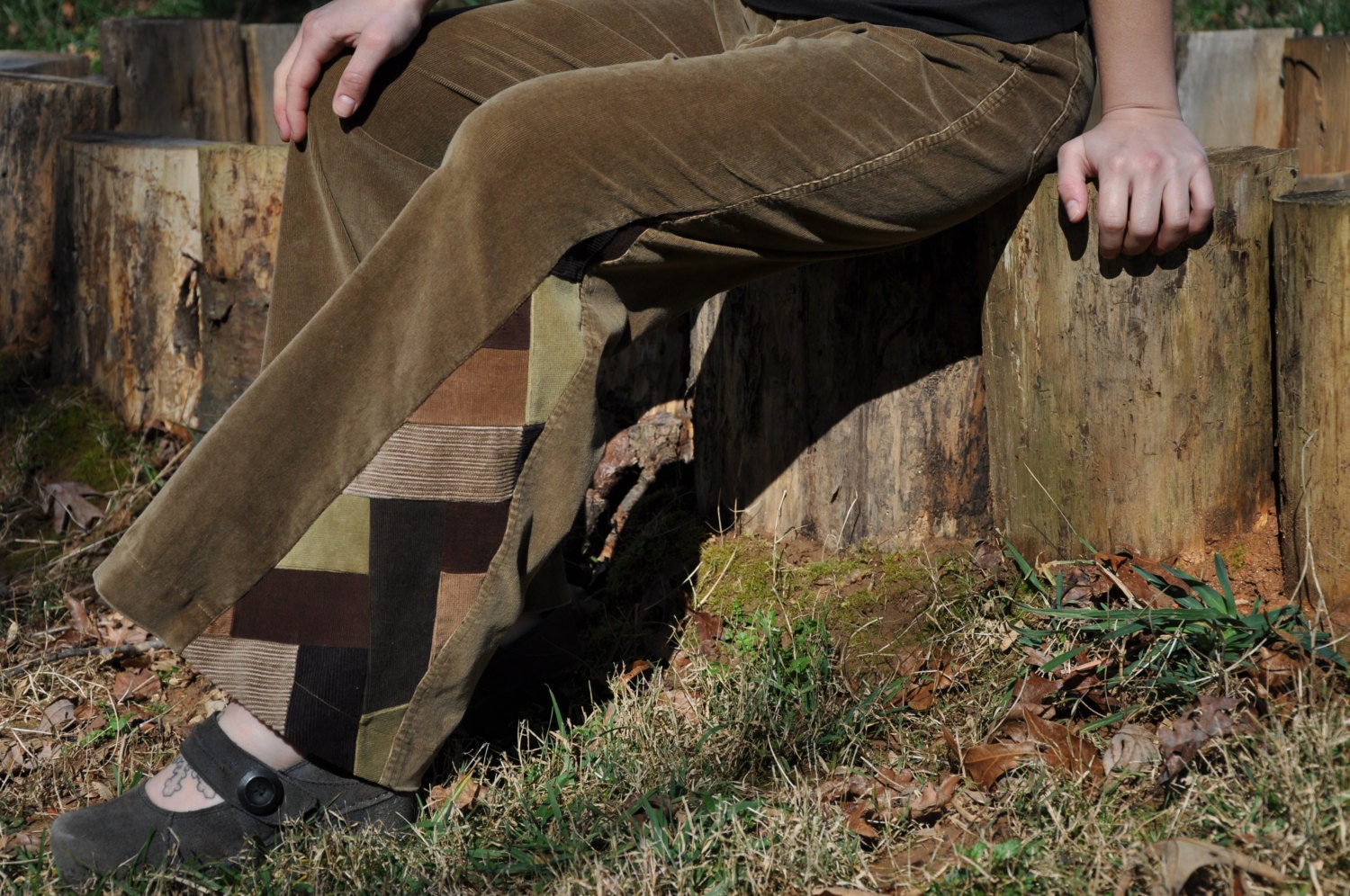 Upcycled bell bottom corduroys 'Browns' zigzag patchwork insert one-of-a-kind