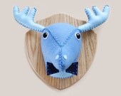 Medium Plush Faux Taxidermy, Stuffed Animal Head Decor - Hunter The Blue Bow-Tied Deer-Moose - Spring Sale