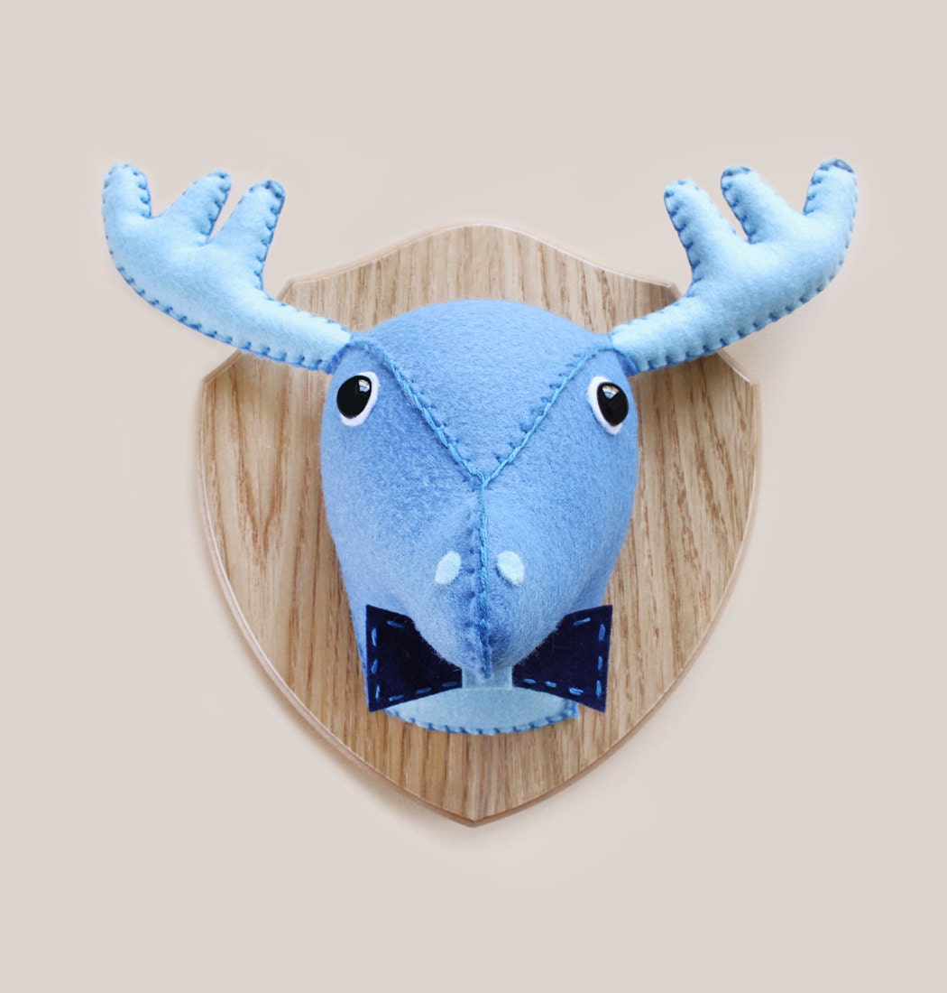 Medium Plush Faux Taxidermy, Stuffed Animal Head Decor - Hunter The Blue Bow-Tied Deer-Moose - Spring Sale