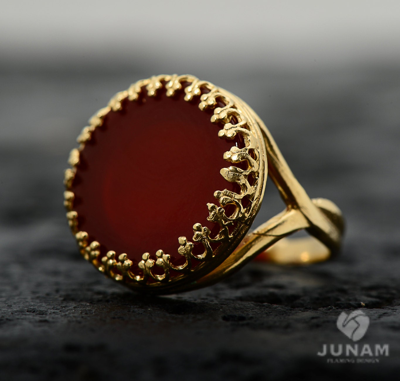 Red Carnelian Ring, 18k Gold Plated - designer band, crown setting, flat cut, large stone, unique design, handmade