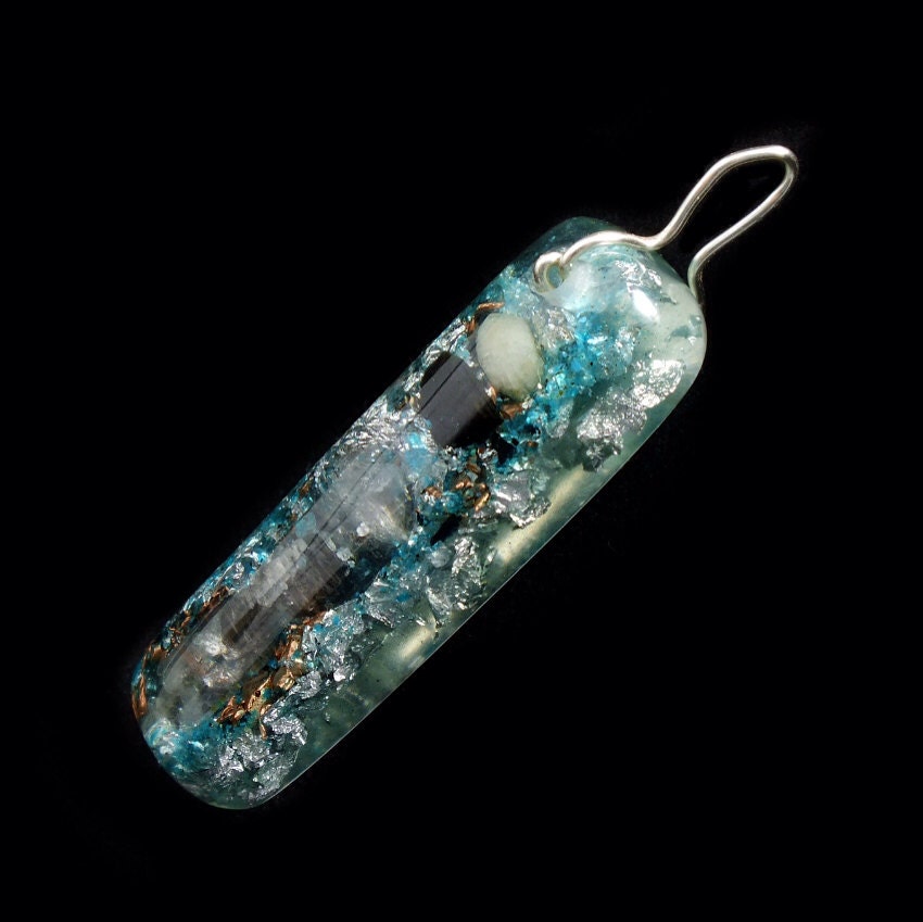 Chrysocolla Orgone Energy Pendant  with Tibetan Crystal, Phenacite, Rhodizite, Tourmaline, Silver Leaf ... (211)