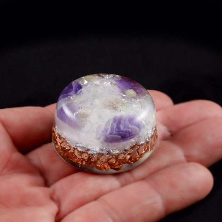 Pocket Orgone Energy Generator. Tibetan Crystal, Amethyst, Rhodizite, Phenacite, Selenite, Tourmaline, Copper, Silver Leaf ..  (225)