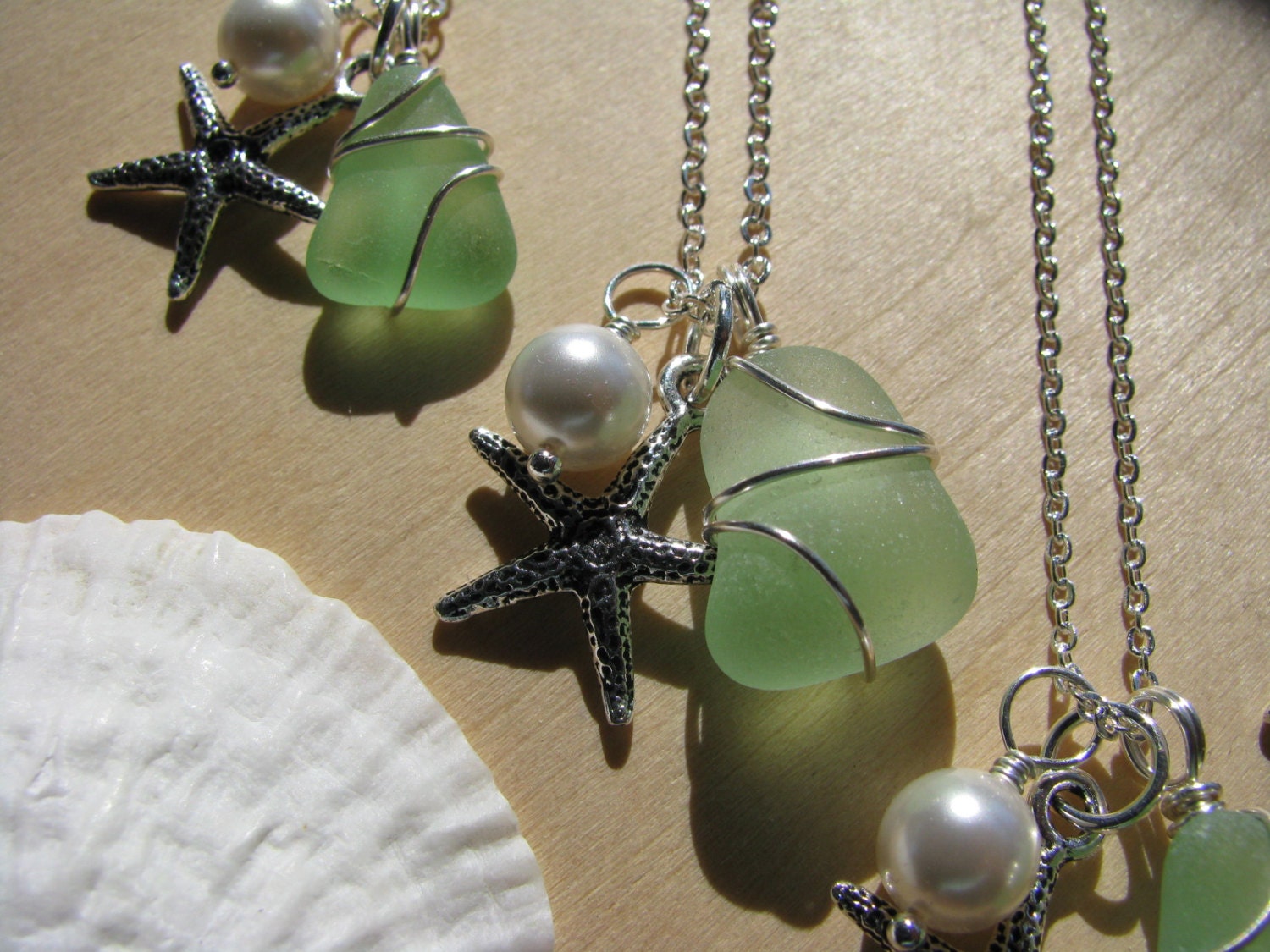 Sea Foam Sea Glass Jewelry Bridesmaid Jewelry Starfish Sea Glass Necklaces in Green, Wedding Jewelry Beach Glass Jewelry