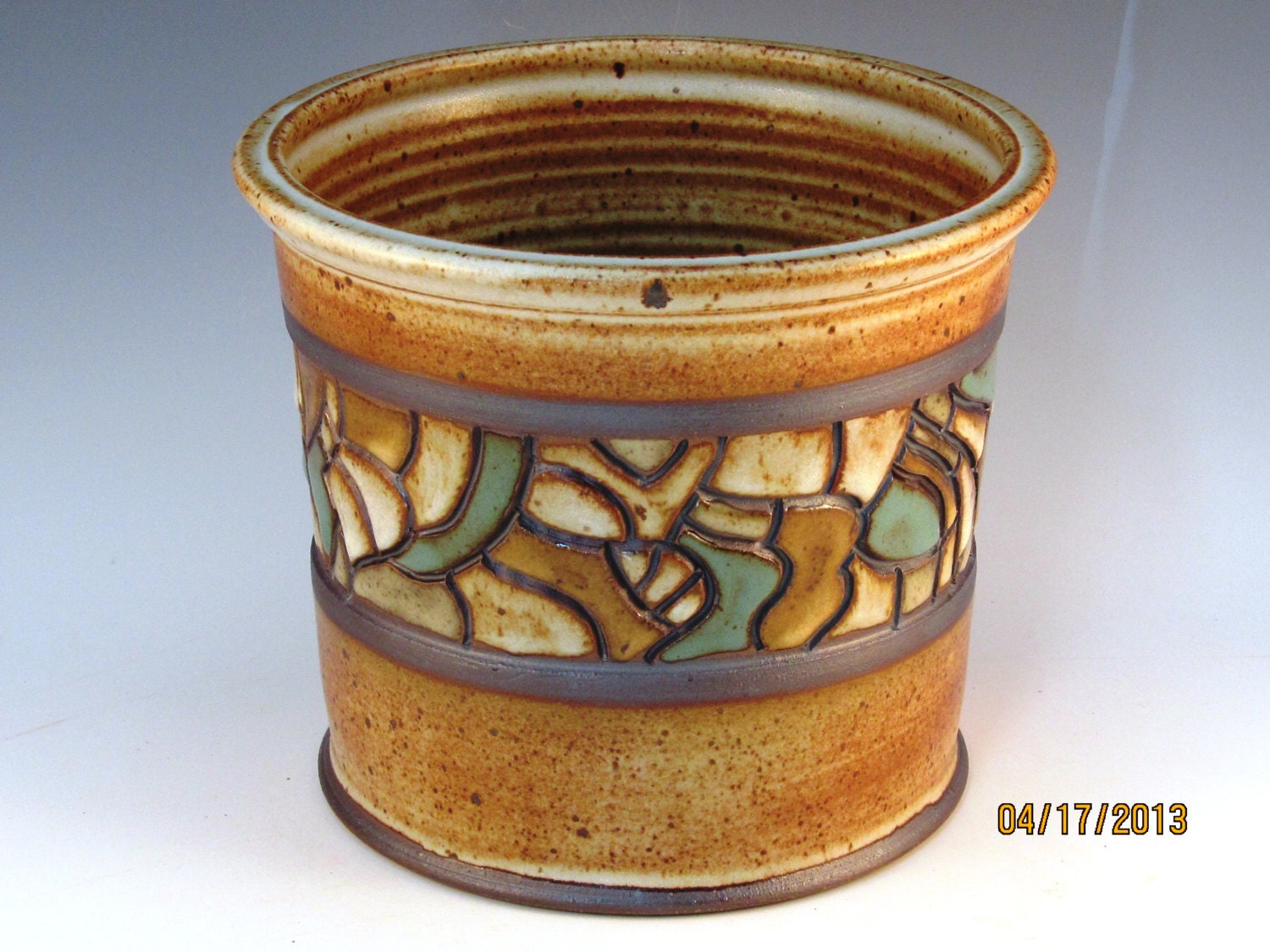 Large Utensil Holder With Wonderful Mosaic Patterns Around Middle With Soft Brown Glaze, Ready To Ship
