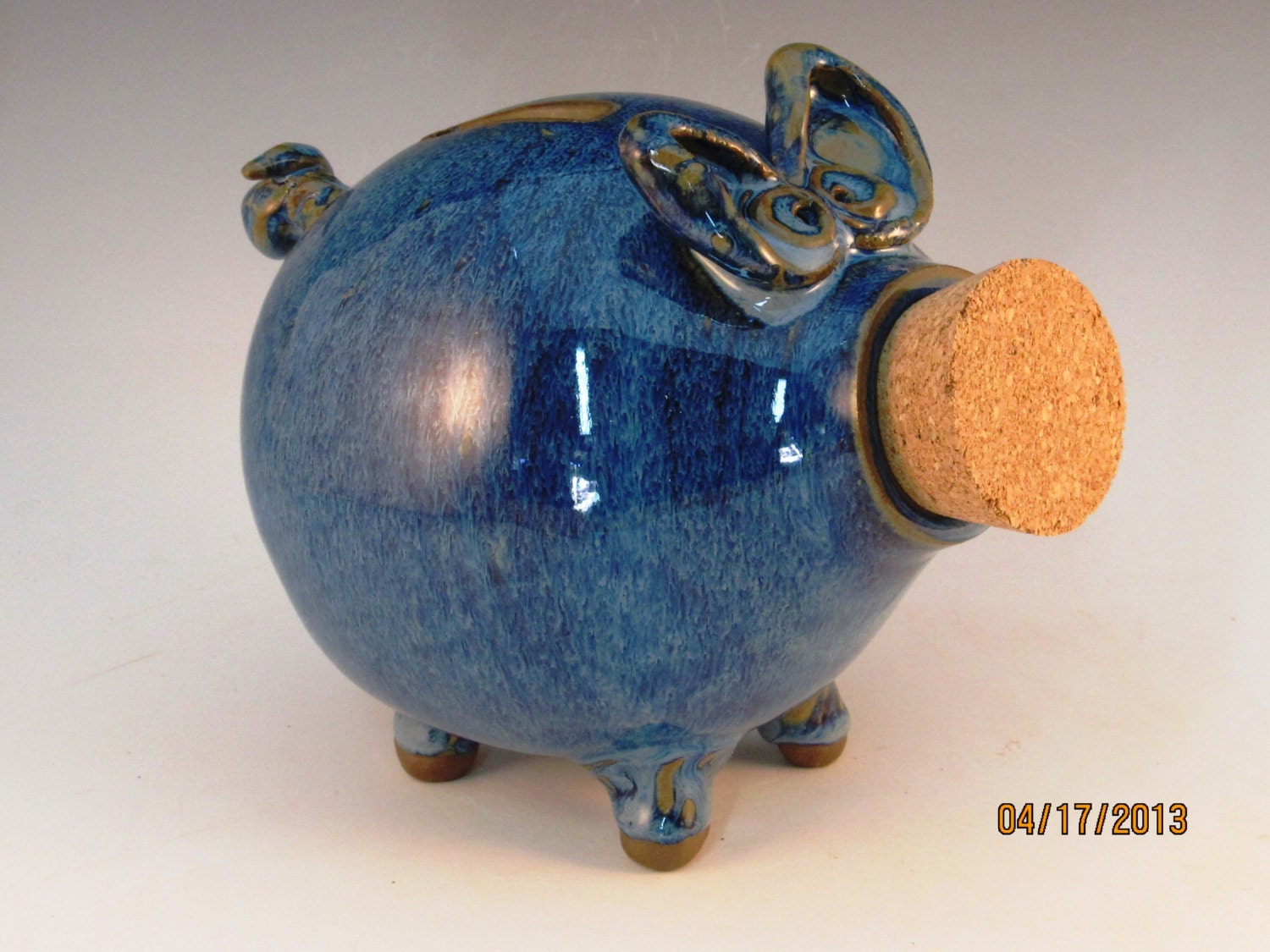 Blue Piggy Bank With Curly Tail And Cork, Ready To Ship