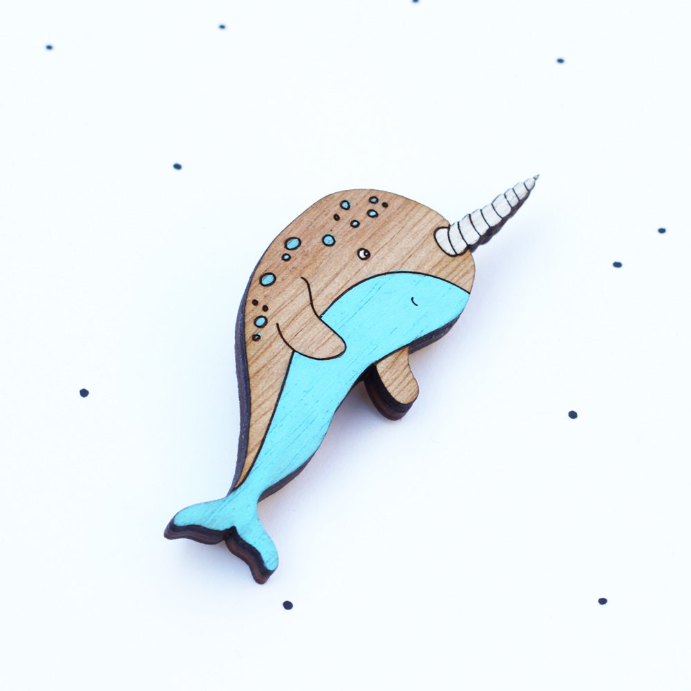 Wooden Laser Cut Narwhal Brooch