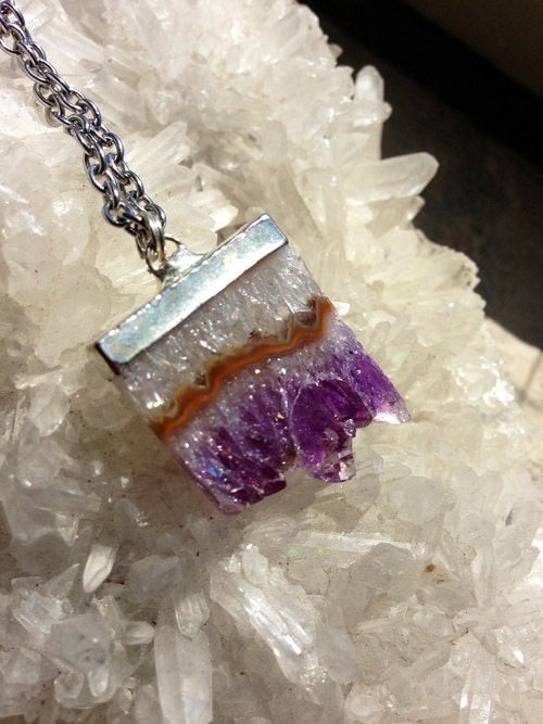 Amethyst Druzy Pendant Necklace - Amethyst Stalectite Slice - Included 30" Steel Chain