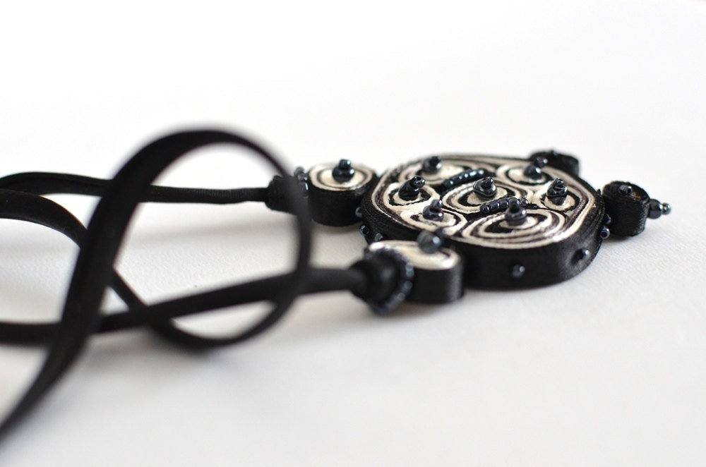 Textile Necklace Black White - Fiber Pendant - Textile Jewelry - OOAK Ready To Ship