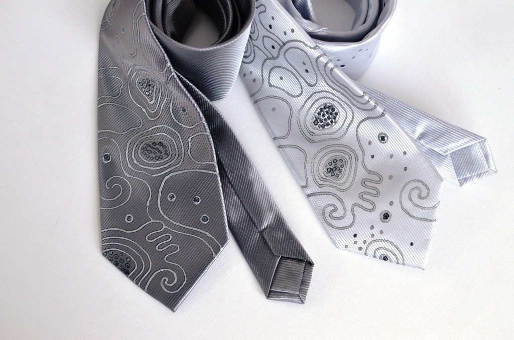 Neckties grey and white, neck tie hand painted, wedding neckties, gift for man - Hand painted accessories OOAK ready to ship - AudraTextileStudio