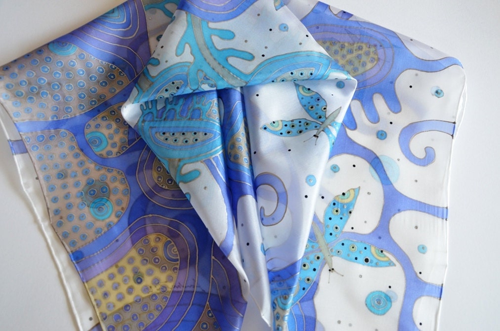 Silk Scarf Blue - Handpainted Silk Shawl Large - Silk Wrap Turquoise - Beach Scarf Blue - Floral Design Scarf- OOAK Ready To Ship