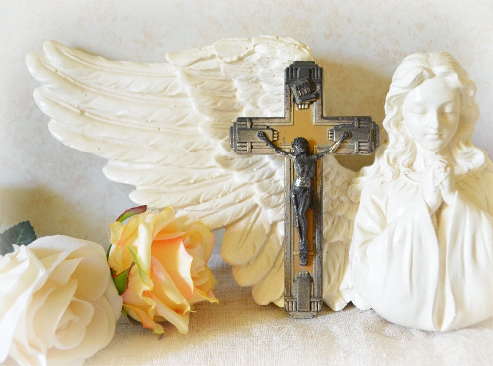French Wall Crucifix small Art Deco metal Shrine crucifix