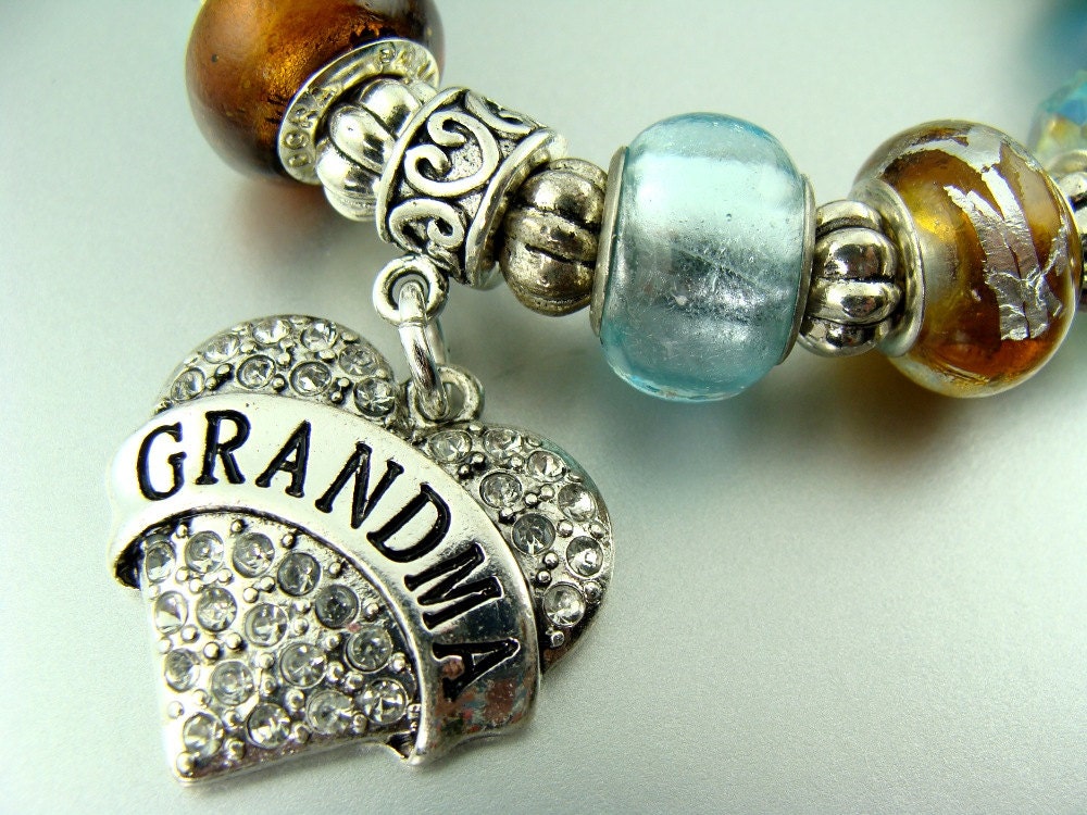 GRANDMA HEART over Blue and Brown  mixed Stretch European bead Lampwork Charm Bracelets