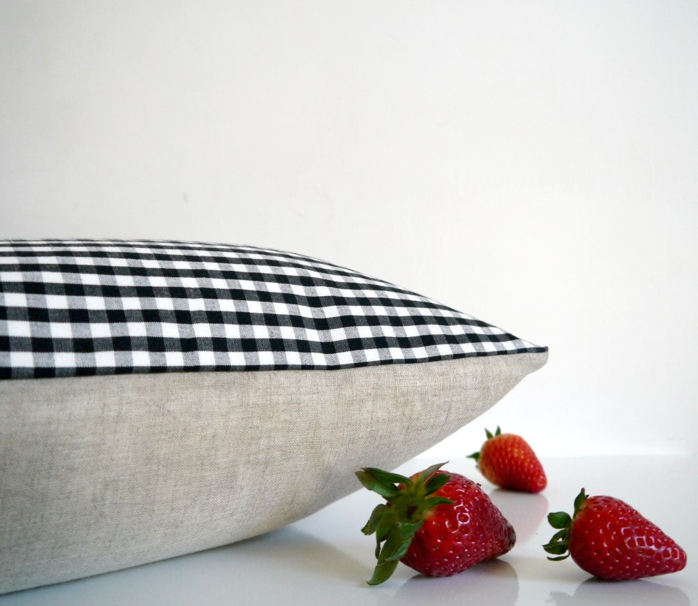Black gingham throw pillow - black check with natural linen, organic cotton, decorative pillow cushion cover