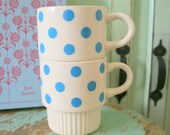 1960s POLKA DOTS Stackable Mugs....retro blue. kitchen. colorful polka dots. coffee. tea. drink. cream. kitsch. groovy. retro. 1960s