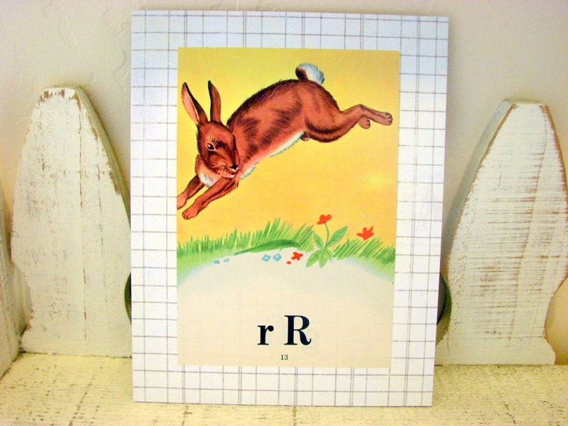 R Is For Rabbit - Vintage Book Page - Ready to Frame Collage Art Wall Home Decor Nursery Kids Children Animal
