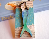 3D Brooch - Mermaid Pin Badge - Lg Chipboard Paper And Wood Decoupage Collage - Aqua Blue Green Polka Dots