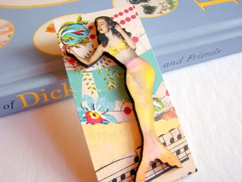 3D Brooch - Mermaid Pin Badge - Lg Chipboard Paper And Wood Decoupage Collage - Yellow Pink Aqua