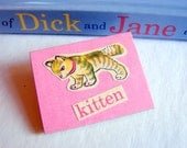 Collage Pin Brooch - At The Pet Shop - Kitten - Small Chipboard Decoupage Badge - Animal Cat Retro Kitsch