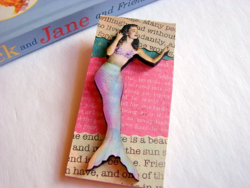 3D Brooch - Mermaid Pin Badge - Lg Chipboard Paper And Wood Decoupage Collage - Pink Aqua Lavender