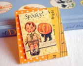 Halloween Brooch - Spooky Boy With Pumpkin And Black Cat - X Lg 3D Dimensional Paper and Chipboard Decoupage Pin Badge - Vintage Retro