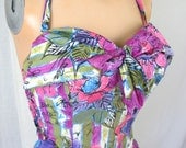 1950s 60s Cotton Bathing Suit Romper Floral Print