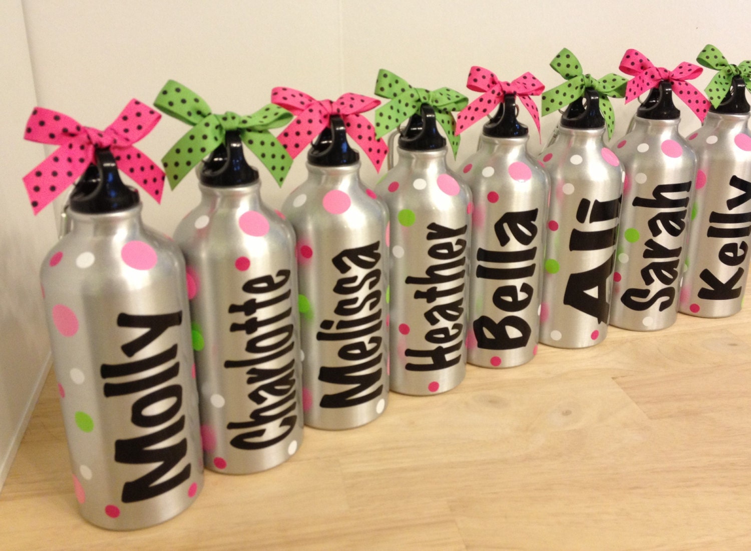 Quantity 9 Personalized aluminum water bottle, bridal wedding party, bachelorette - name or monogram and preppy polka dots, more colors