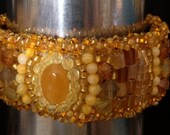 Bead Embroidered Cuff- Gold Agate with Crystals