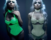 Green Glow w/ white lace overlay Long underbust corset from Artifice Clothing (made to order)