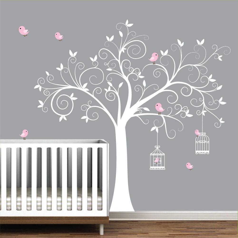 Wall Decal Tree with Bird Cages-Children Nursery Wall Decals Stickers Vinyl