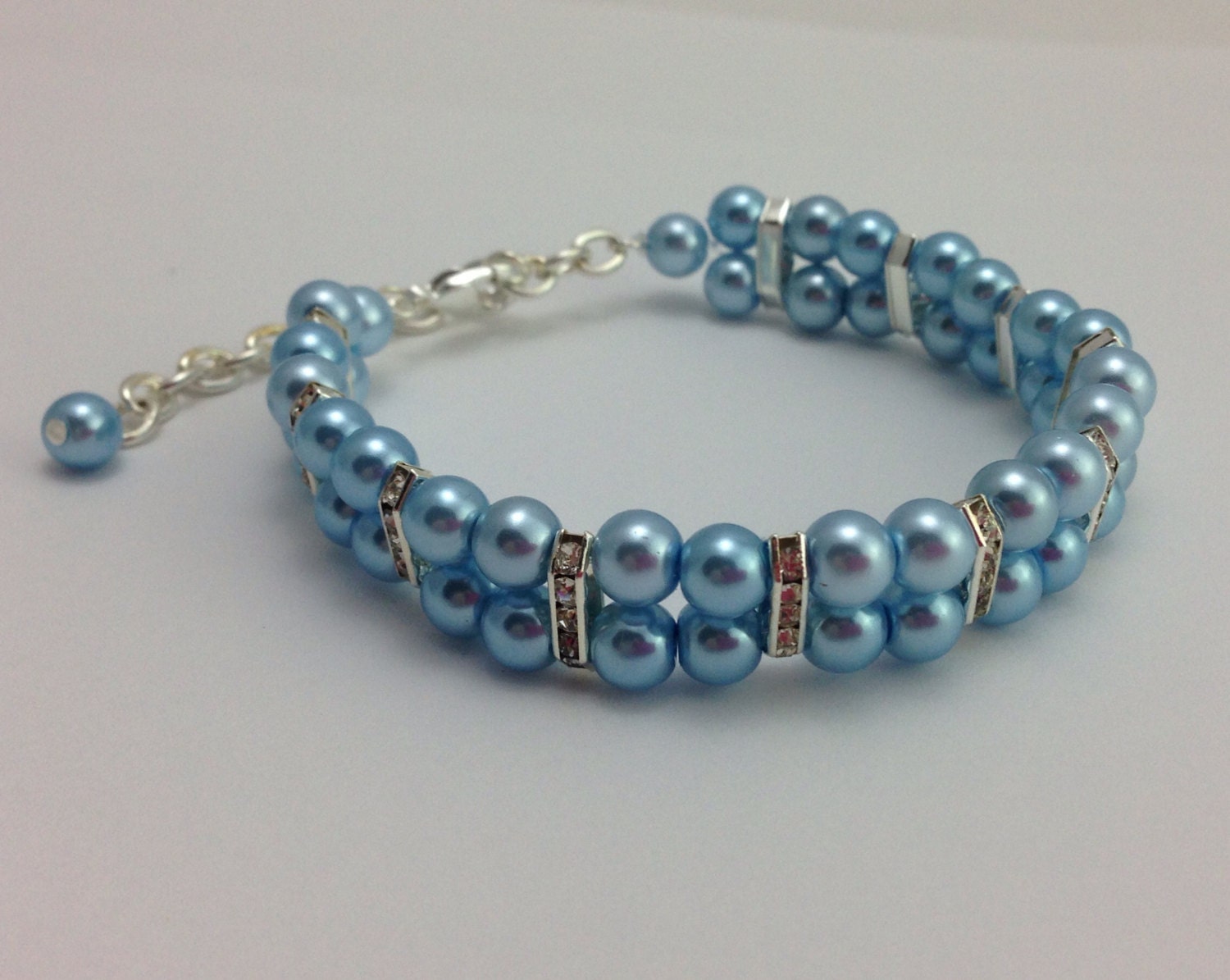 Blue Bridesmaid Bracelet - The "Jasmine" Bracelet in Baby Blue Pearls with Rhinestone Spacers and Extender